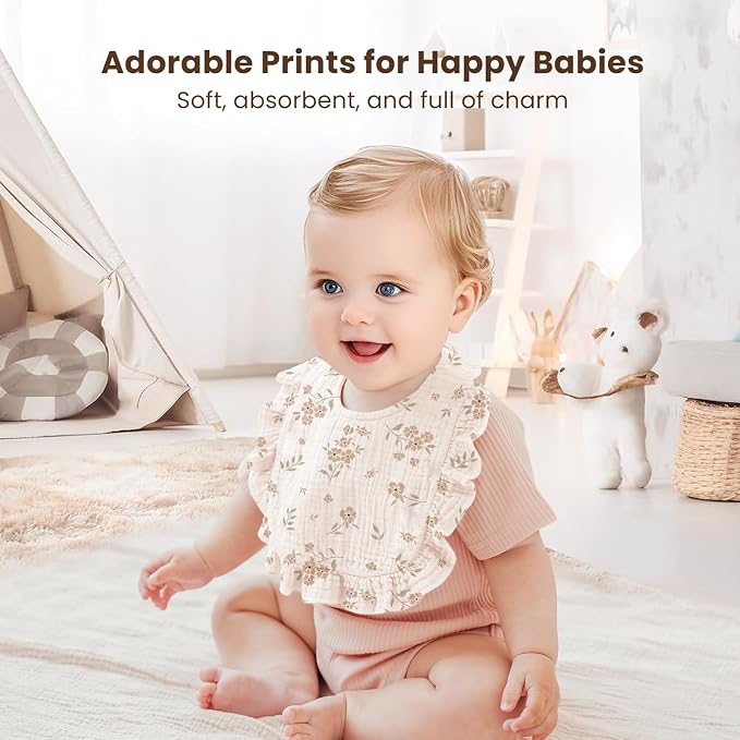 Konssy Muslin Baby Bibs for Girls – Soft 100% Cotton Drool Bibs, Ruffle Trim - Image 5