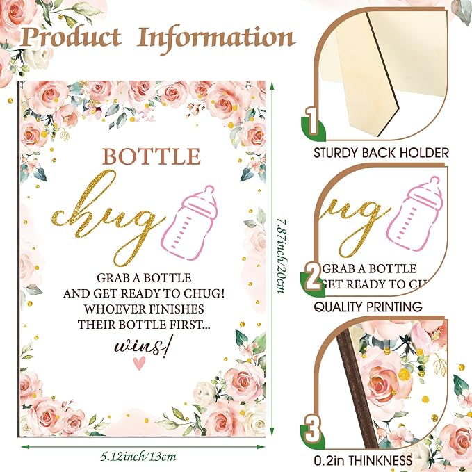 TrelaCo Floral Cool Baby Shower Games Bottle Chug Sign Wooden Floral Gift Sets - Image 3