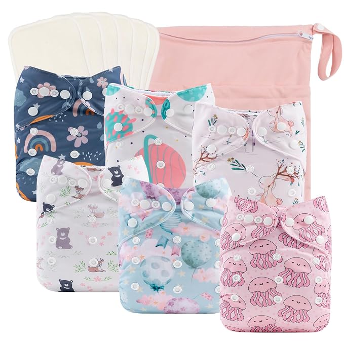 babygoal Reusable Cloth Diapers 6 Pack+6pcs Rayon from Bamboo Inserts+Wet Bag by babygoal