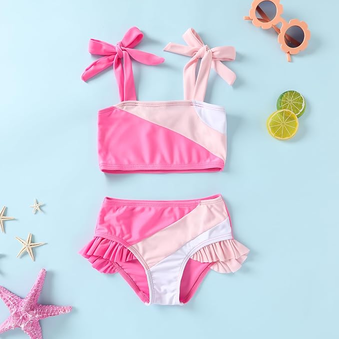 YOUNGER TREE Toddler Girls Two Pieces Swimsuit Color Block Stripe Swimwear - Image 2