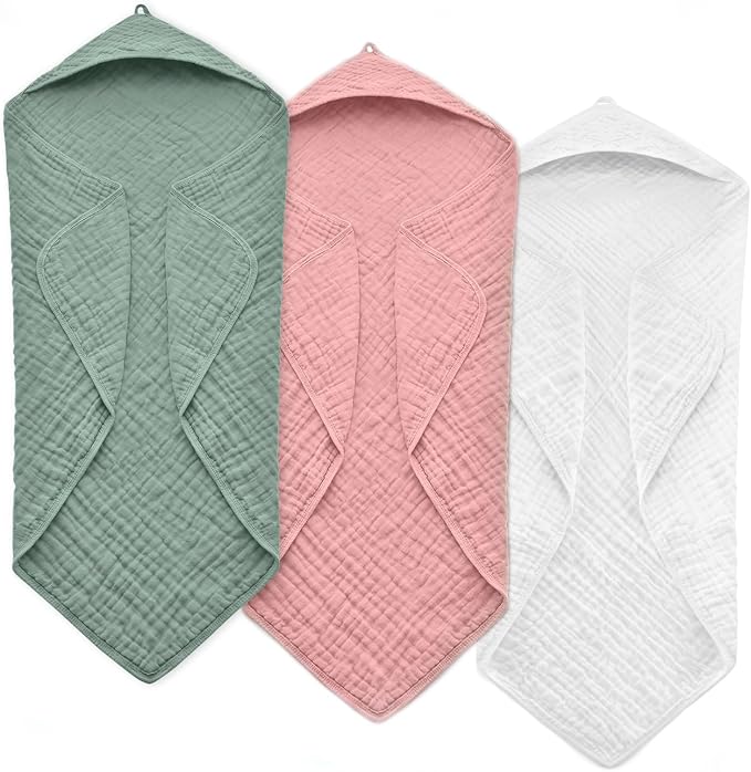 Hooded Baby Towels for Newborn, 35x35 Inch 3 Pack 100% Muslin Cotton Baby Bath by EveryNewMothersChoice