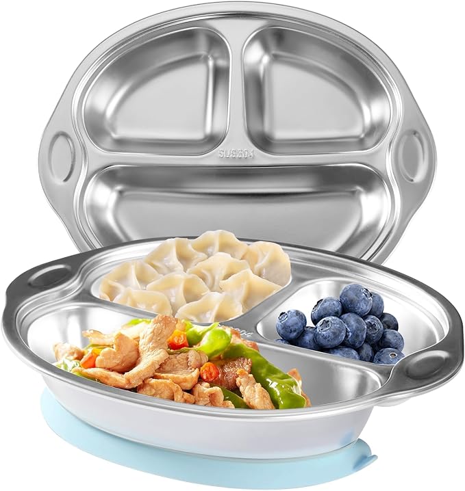 Mrs. Chou® Stainless Steel Kids Plates Suction Plates Divided Baby Plates by MrsChou