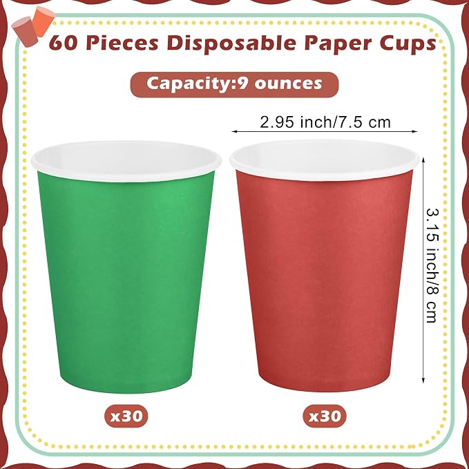 URATOT 60 Pieces 9 Ounce Disposable Paper Cups Christmas Party Cups Red Green - Image 2
