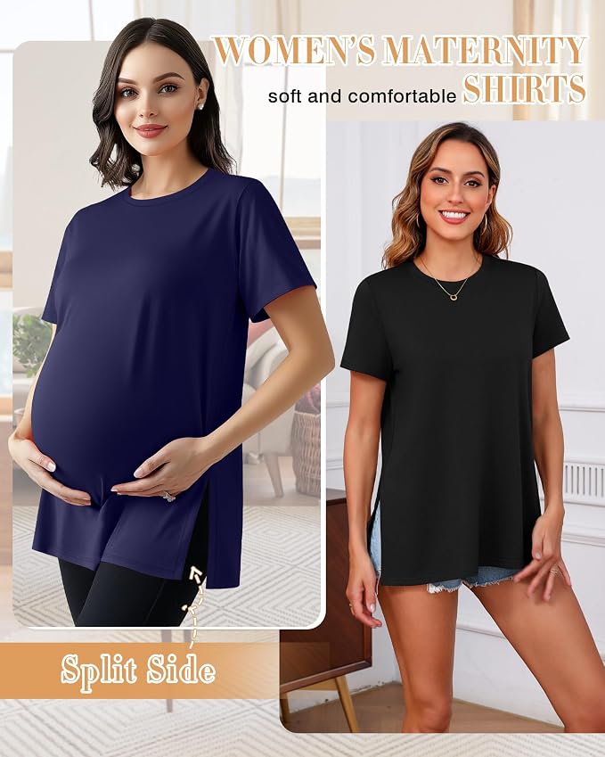 Ficerd 3 Pack Women's Maternity T Shirts, Short Sleeve Side Split Pregnancy - Image 2