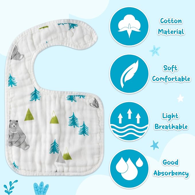 Zainpe 6Pcs Snap Muslin Cotton Baby Bibs Bear Fox Infants Drooling Bib Soft - Image 3