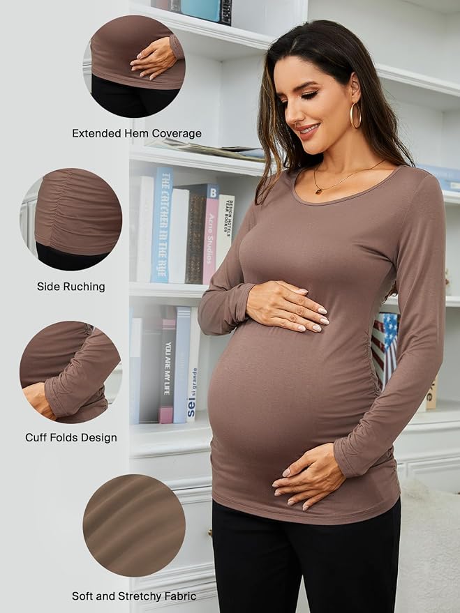 Ecavus Women's Maternity Shirts Long Sleeve Soft Stretchy Pregnancy Tops Side - Image 3