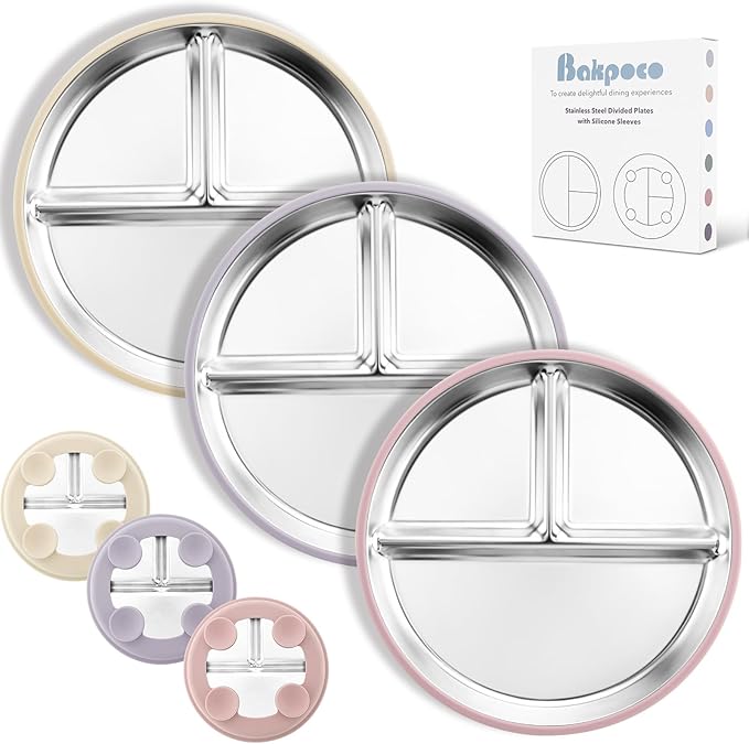 Stainless Steel Suction Plates for Toddlers, Non Toxic Non Slip Portion Control by Bakpoco