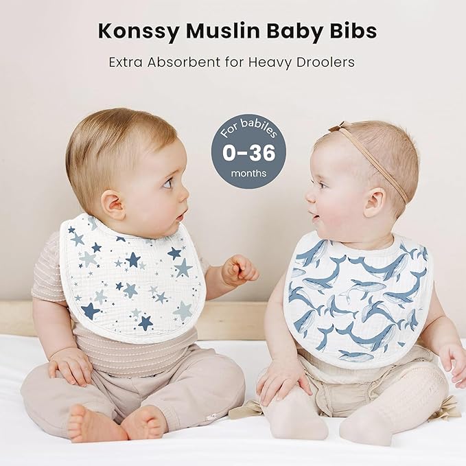 Konssy Muslin Baby Bibs 8 Pack Baby Bandana Drool Bibs Cotton - Image 3