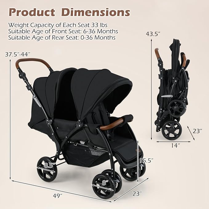 INFANS Double Stroller, Foldable Baby Tandem Stroller - Image 9