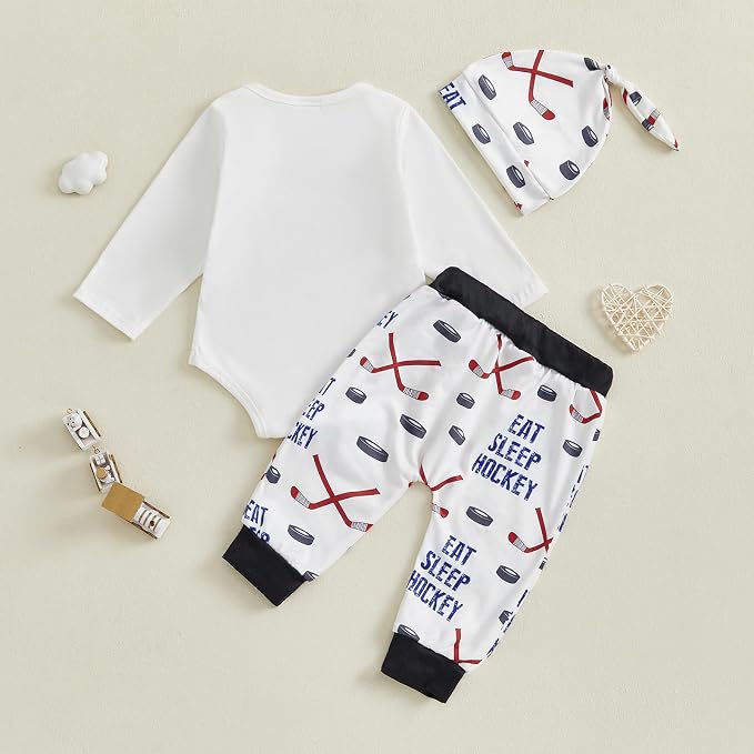 Baby Boy Hockey Outfit New Player in Town Long Sleeve Romper Long Pants Hat Set - Image 4
