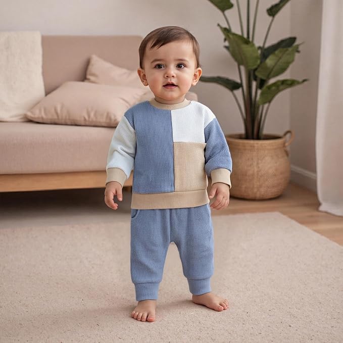 Toddler Baby Boy Fall Clothes Waffle Outfit Long Sleeve Color Blocking - Image 2