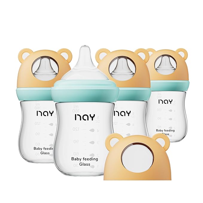 Natural Glass Baby Bottle for Breastfeeding Babies, 5.4oz Anti-Colic Baby Bottle by yanyoyo