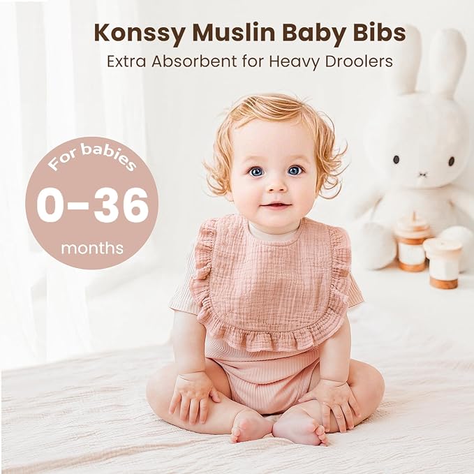 Konssy Muslin Baby Bibs for Girls – Soft 100% Cotton Drool Bibs, Ruffle Trim - Image 2