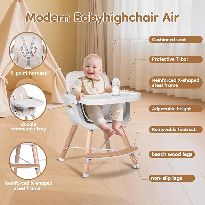 High Chairs for Babies and Toddlers, 3 in 1 Convertible Wooden highchair - Image 4