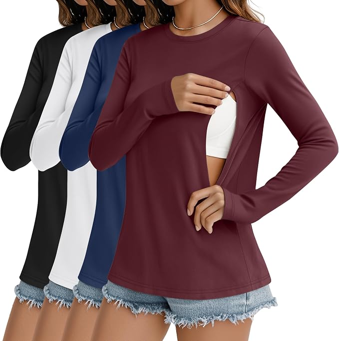 4 Pack Women's Nursing Breastfeeding Tops, Long Sleeve Maternity Shirts Loose by Sweetyweee