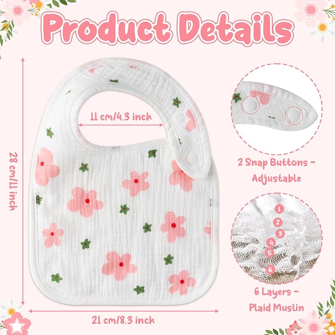 Zainpe 6Pcs Snap Muslin Cotton Baby Bibs Flowers Strawberry Patterns Infants - Image 2