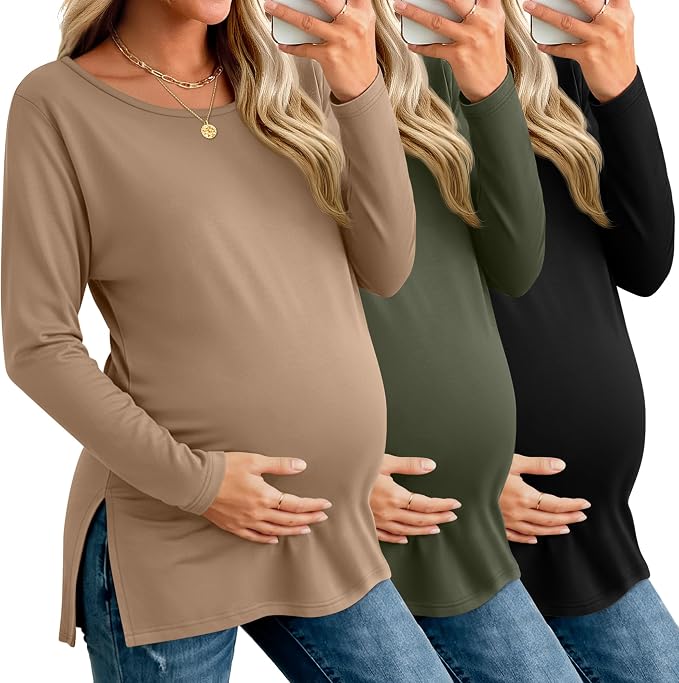 Riyiper 3 Pack Women's Maternity Long Sleeve T-Shirts Round Neck Side Split by Riyiper