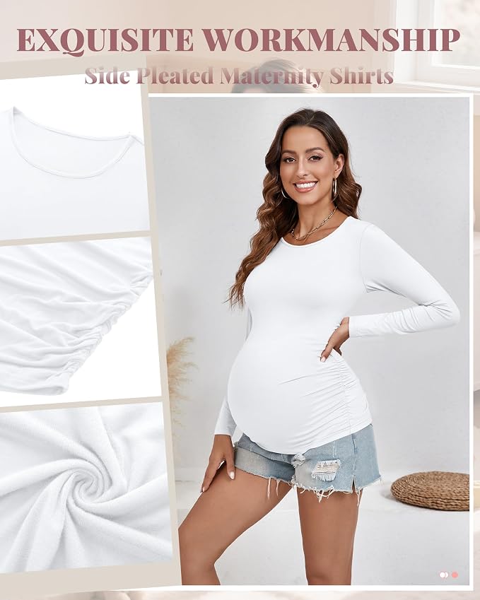 Ficerd 3 Pack Women's Maternity Shirts, Long Sleeve Side Ruched Pregnancy Tee - Image 6