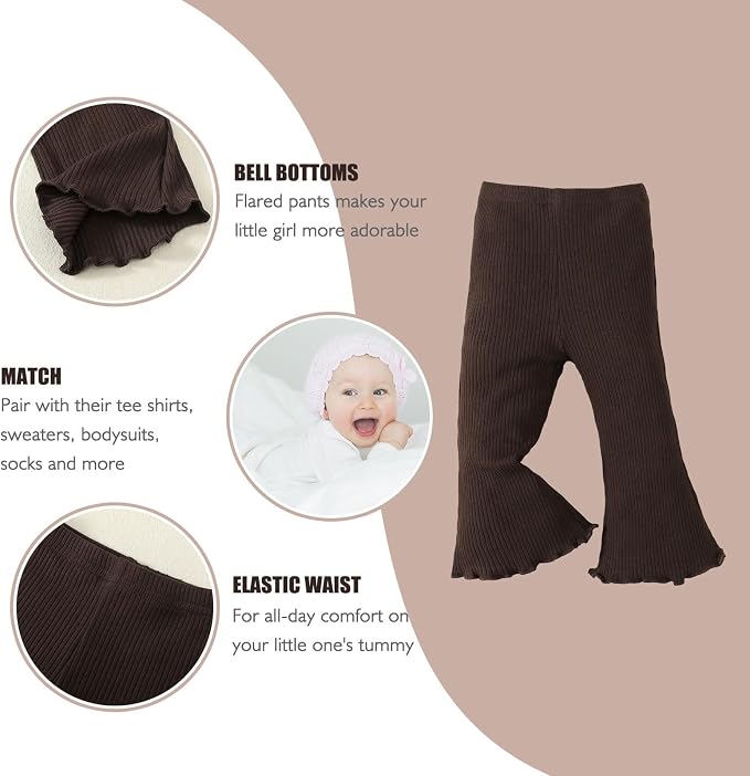 SOBOWO Baby Girl Flare Pants 3 Pack Toddler Solid Ribbed Ruffle Bell Bottoms - Image 3