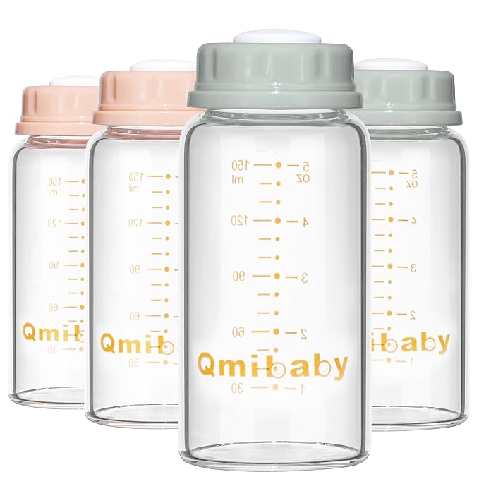 Natural Glass Baby Bottle 150ml 5oz Standard Neck Breast Milk Storage Bottles by Qmibaby