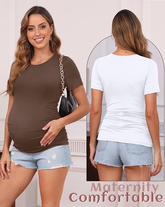 Huukeay 4 Pack Women's Maternity Shirts, Crew Neck Maternity Top Short Sleeve - Image 2