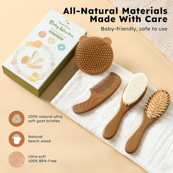 Yoofoss 4 Piece Baby Hair Brush and Comb Set, Wooden Baby Hair Brush - Image 4