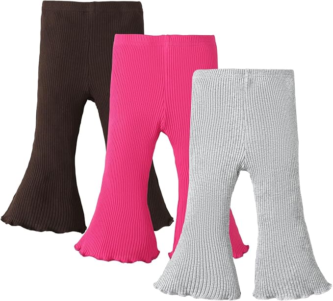 SOBOWO Baby Girl Flare Pants 3 Pack Toddler Solid Ribbed Ruffle Bell Bottoms by SOBOWO