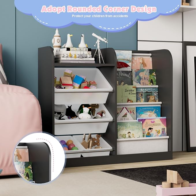 Black Kids Wood Bookshelf Toy Storage Box Organizer Shelf W/4 Removable Plastic - Image 4