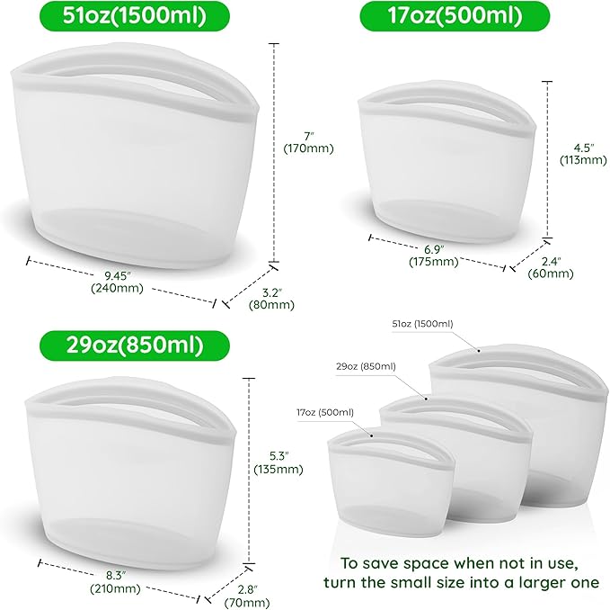 Premium Platinum Silicone Reusable Food Storage Bags 3-Pack, Airtight Zip Lock - Image 7