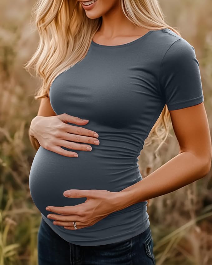Huukeay 4 Pack Women's Maternity Shirts, Crew Neck Maternity Top Short Sleeve - Image 4