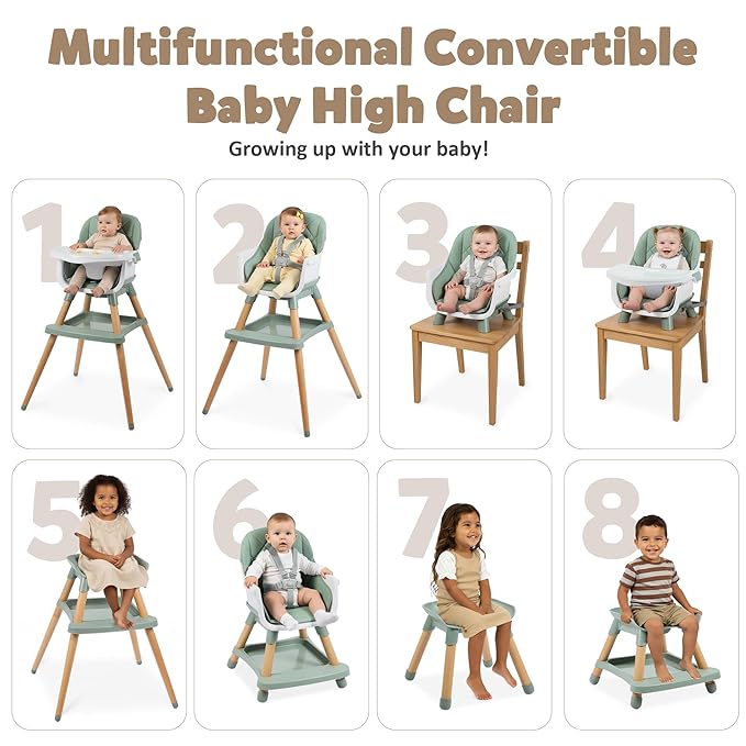8 in 1 Wooden High Chairs for Babies Toddlers, Convertible to Booster Seat - Image 2