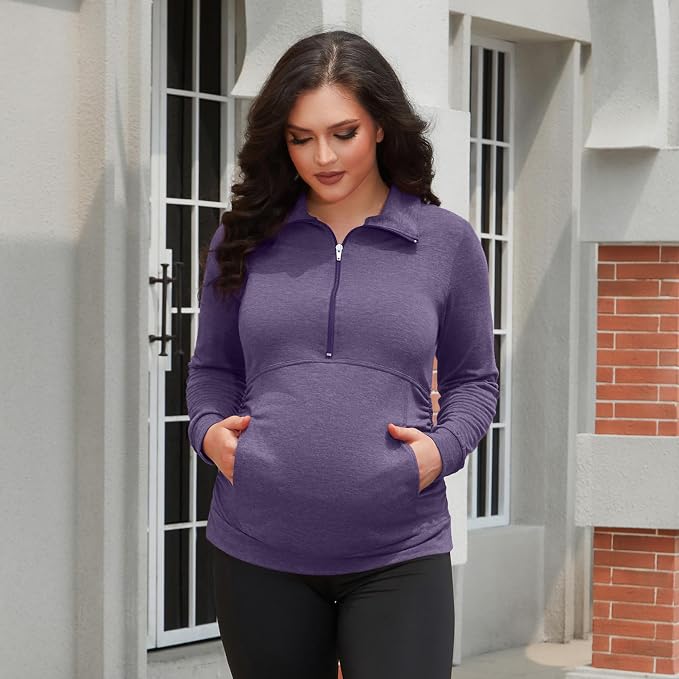 GINKANA Maternity Women's Long Sleeve Shirt Half Zipper Lapel Lightweight - Image 3