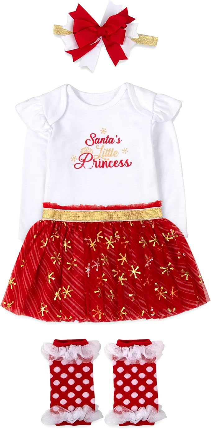 Baby Girl Holiday Outfit 4-Piece Set – Long Sleeve Bodysuit, Tutu Skirt & - Image 2