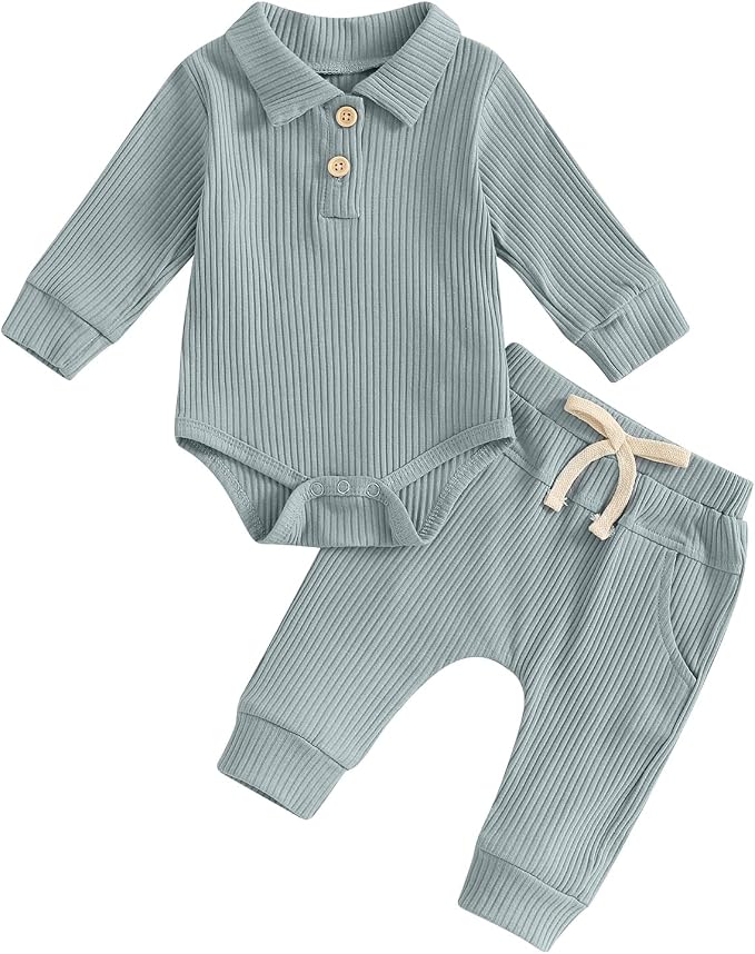 Newborn Baby Boy Girl Clothes Ribbed Knitted Long Sleeve Romper Pants Solid by MABABY