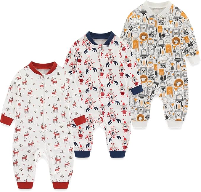 Newborn Baby 2-way Zipper Romper Cotton One-piece Jumsuit 3-pack, 0-24 Months by MAMIMAKA