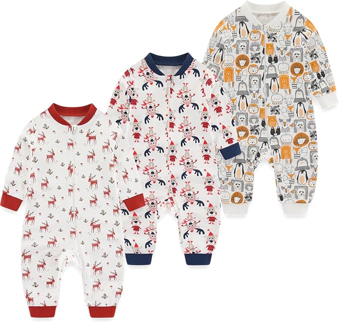 Newborn Baby 2-way Zipper Romper Cotton One-piece Jumsuit 3-pack, 0-24 Months by MAMIMAKA