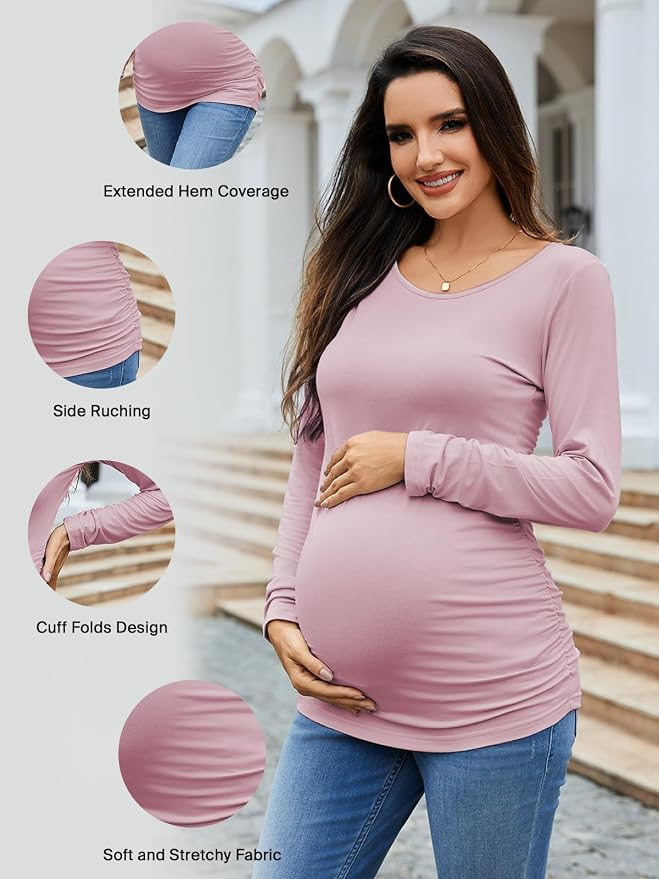 Ecavus Women's Maternity Shirts Long Sleeve Soft Stretchy Pregnancy Tops Side - Image 3