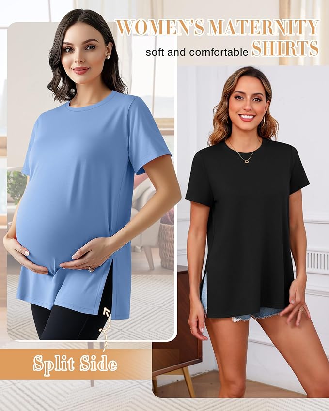 Ficerd 3 Pack Women's Maternity T Shirts, Short Sleeve Side Split Pregnancy - Image 2