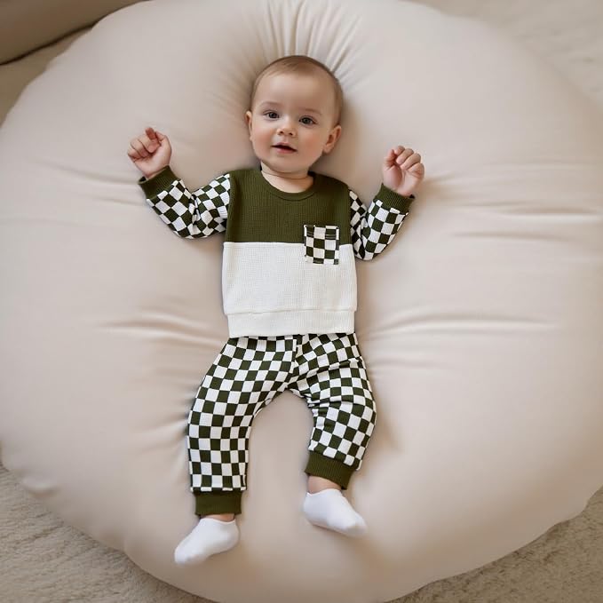 Toddler Baby Boy Fall Clothes Waffle Outfit Long Sleeve Color Blocking - Image 2