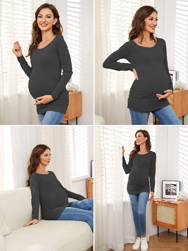 Ecavus Women's Maternity Shirts Long Sleeve Soft Stretchy Pregnancy Tops Side - Image 5