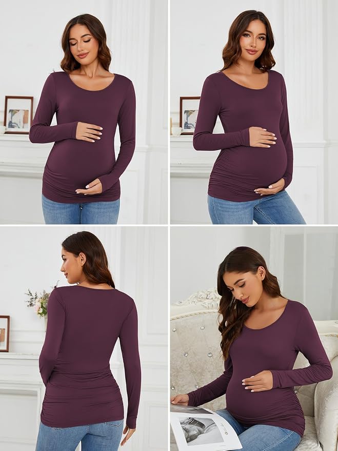 Ecavus Women's Maternity Shirts Long Sleeve Soft Stretchy Pregnancy Tops Side - Image 6