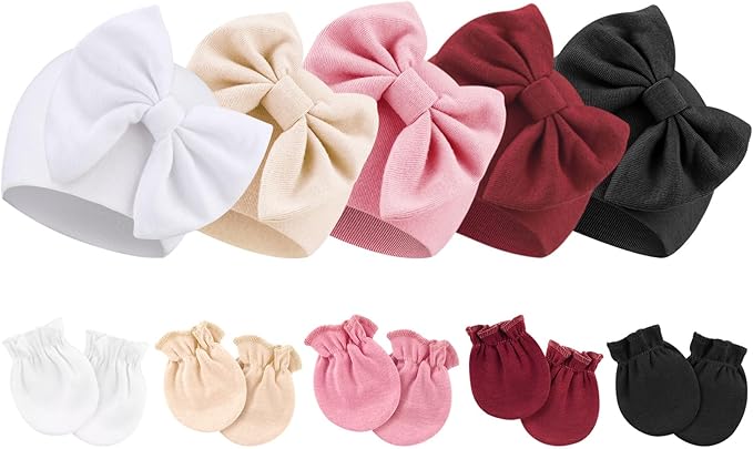 BQUBO Newborn Baby Girls Hats Mittens Set Hospital Hat Beanie Infant Bow Hats by DRESHOW