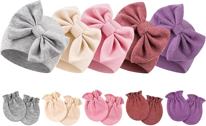 BQUBO Newborn Baby Girls Hats Mittens Set Hospital Hat Beanie Infant Bow Hats by DRESHOW