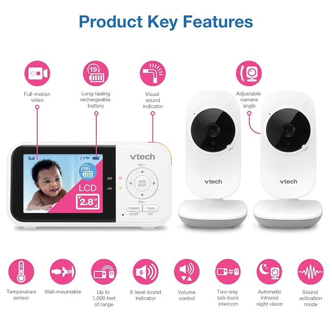 VTech VM819-2 Baby Monitor, 2.8” Screen, 2 Cameras, 1000ft Range, Night Vision - Image 2