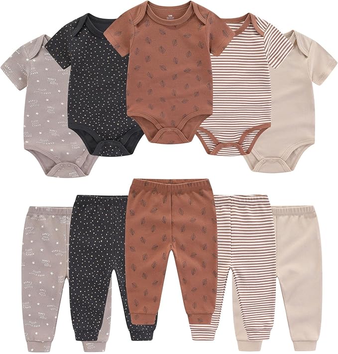 Baby Bodysuit and Pant Set 10-pcs Cotton Soft Newborn Boy Girl Clothes Outfits by Ruliby