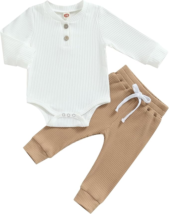 Newborn Baby Boy Girl Clothes Ribbed Knitted Long Sleeve Romper Pants Solid by MABABY