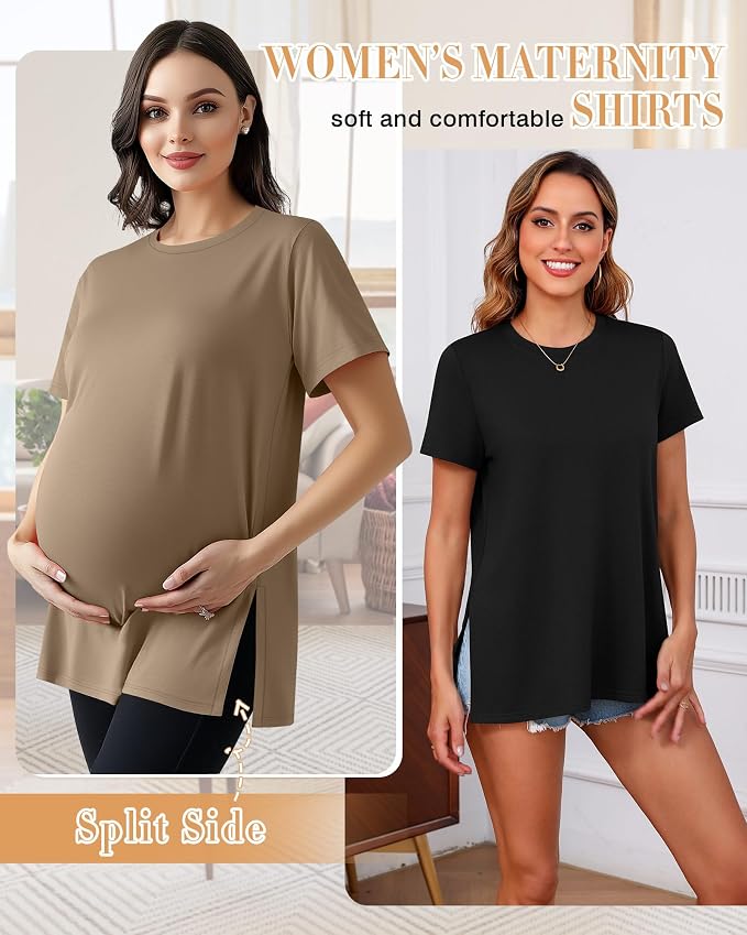 Ficerd 3 Pack Women's Maternity T Shirts, Short Sleeve Side Split Pregnancy - Image 2