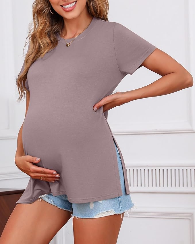 Ficerd 3 Pack Women's Maternity T Shirts, Short Sleeve Side Split Pregnancy - Image 4