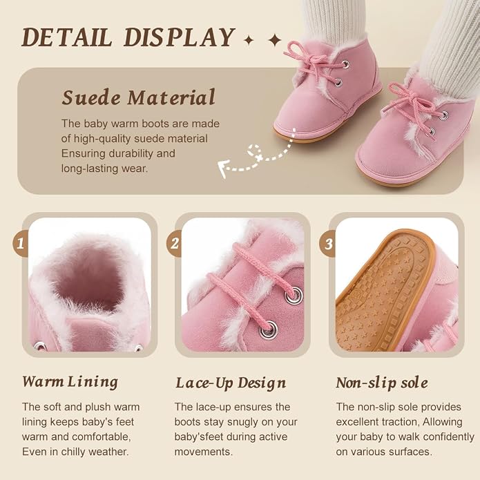 Baby Unisex Warm Snow Boots Newborn Leather Fur Lace Up Ankle Anti-Slip Rubber - Image 3