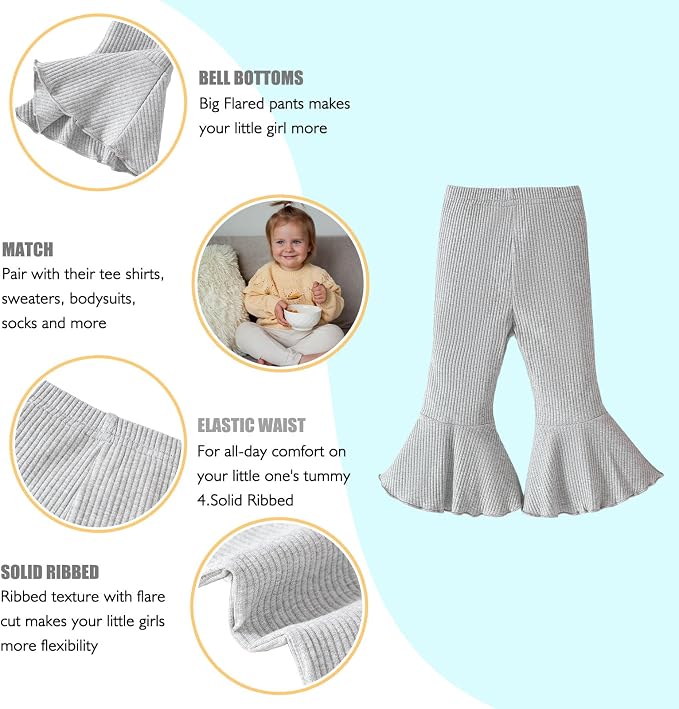 SOBOWO Baby Girl Flare Pants 3 Pack Toddler Solid Ribbed Ruffle Bell Bottoms - Image 3